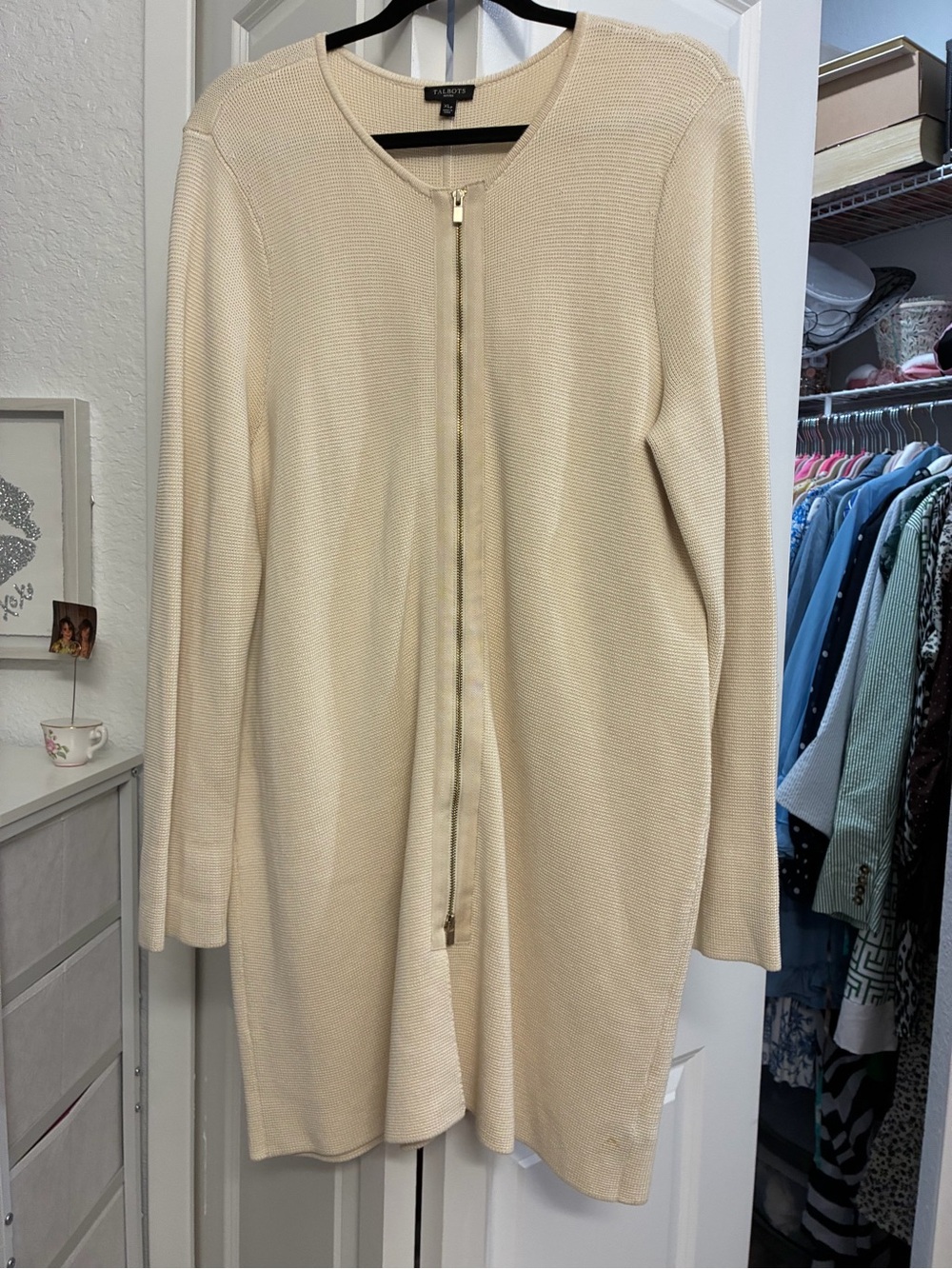 Talbots Ivory Zip-Front Long Sleeve Knit Dress
